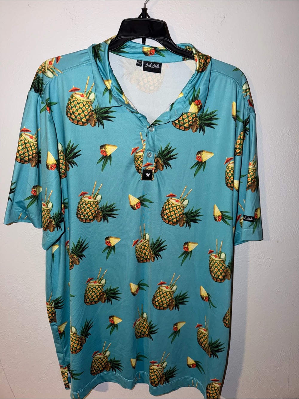 Bad Birdie Teal Pineapple Cocktail Print Golf Polo